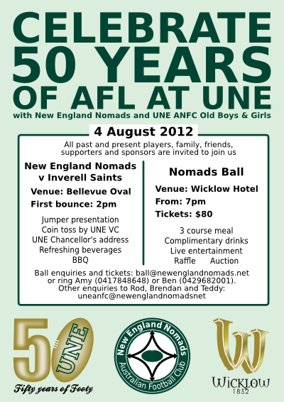 Celebrate 50 years of footy at UNE on 4 August at the UNE ANFC Old Boys and Girls Day and the Nomads Ball